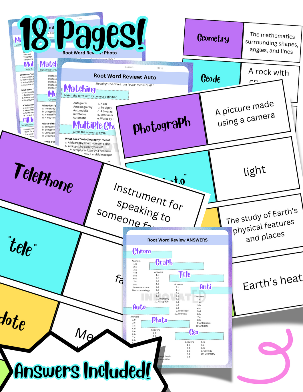 Root Word Review Part 1 (chrome, graph, tele, anti, auto, photo, geo)