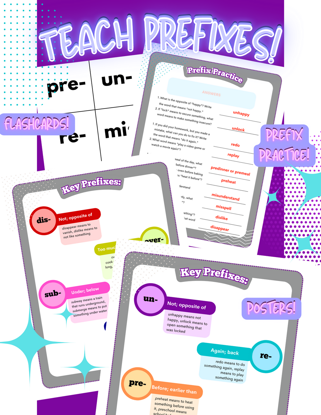 Engaging 2nd Grade Reading Worksheets Set: Prefixes, Flash Cards, and Posters